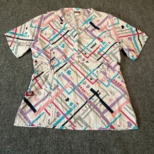Sherly Uniforms Women Large Scrub Top Geometric Heart Print‎ V-Neck Pink Blue